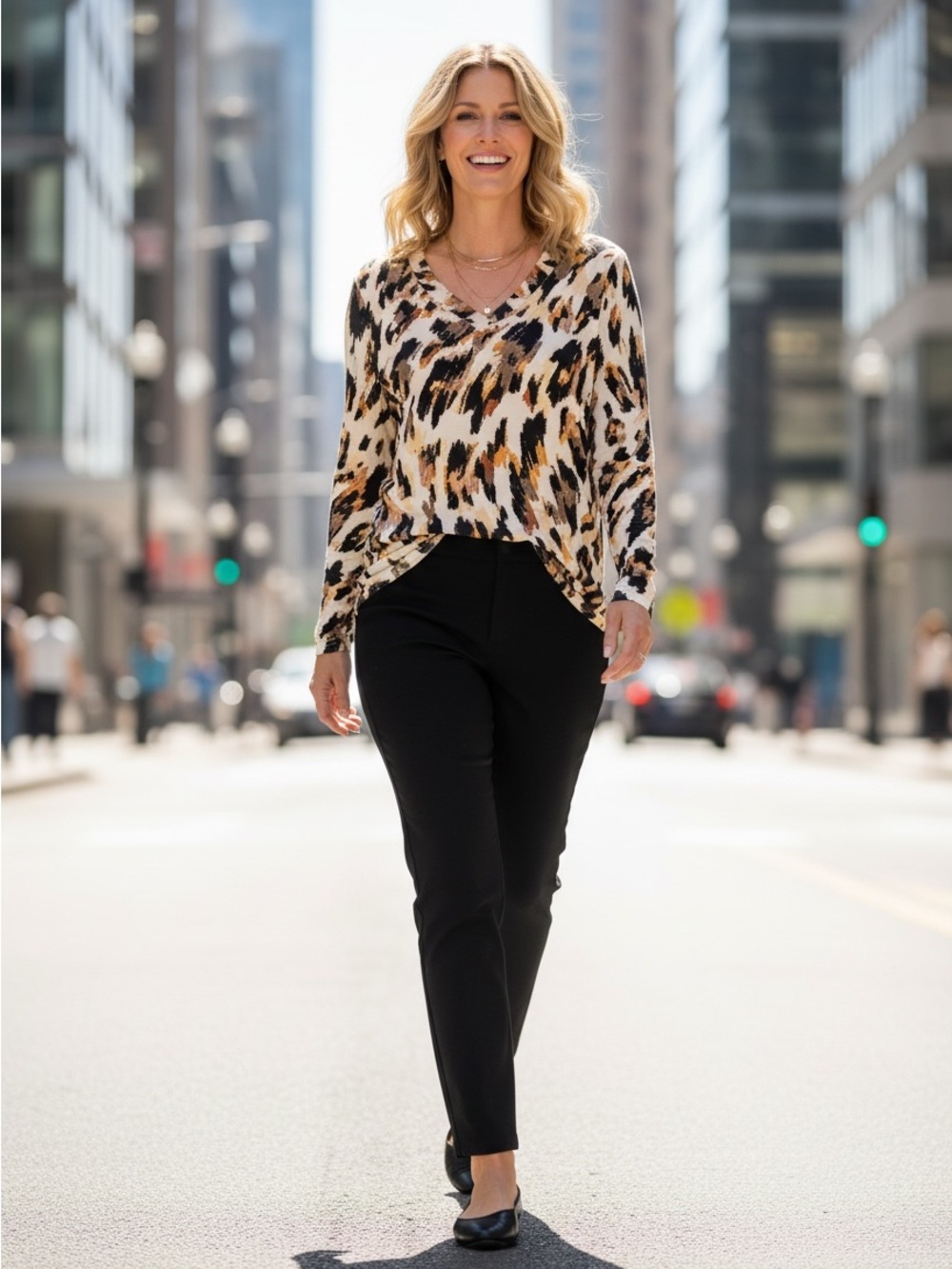 Belle by Kim Gravel Leopard Print V-Neck Top, size S